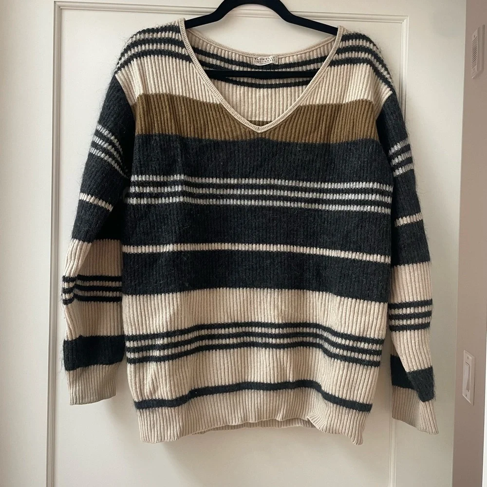 Brunello Cucinelli Striped V-Neck Women’s Sweater in Cream, Black & Olive